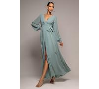 Goddiva Sustainable Front Split Wrap Style Chiffon Maxi Dress - Sage Green by Goddiva - Sage Green - 8