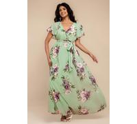 Goddiva Sustainable Printed Flutter Sleeve Maxi Dress - Duck Egg by Goddiva - Duckegg - 8