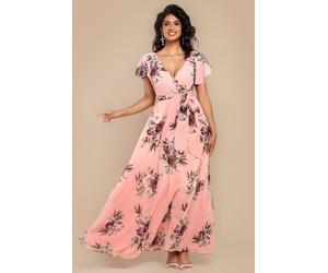 Goddiva Sustainable Printed Flutter Sleeve Maxi Dress - Peach by Goddiva - Peach - 12