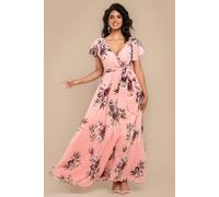 Goddiva Sustainable Printed Flutter Sleeve Maxi Dress - Peach by Goddiva - Peach - 16