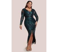 Goddiva Tassel & Sequin Maxi With Front Split In Emerald Emerald