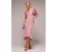 Goddiva Twist Knot Satin & Scuba Bardot High Low Midi Dress In Light Pink Light Pink