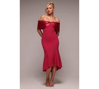 Goddiva Twist Knot Satin & Scuba Bardot High Low Midi Dress In Magenta Magenta 18