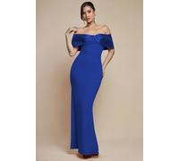Goddiva Twist Knot Satin & Scuba Bardot Maxi Dress In Cobalt Cobalt