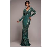 Goddiva Two Toned V Neck Sequin Maxi - Emerald Green by Goddiva - Emerald - 10