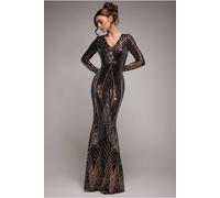 Goddiva Two Toned V Neck Sequin Maxi In Black Black 10