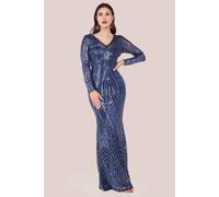 Goddiva Two Toned V Neck Sequin Maxi In Navy Navy 14