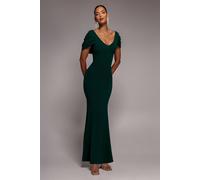 Goddiva V Neck Cowl Back Pleated Sleeve Scuba Maxi Dress In Emerald Emerald