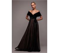 Goddiva Velvet Bardot Dobby Mesh A Line Maxi Dress - Black by Goddiva - Black - 14