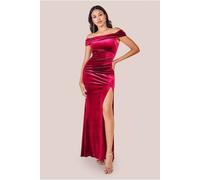 Goddiva Velvet Bardot Maxi With Split In Wine Wine 18