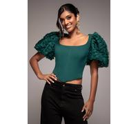 Goddiva Women's 3D Textured Sleeve Scuba Corset Top in Emerald | Size: 18