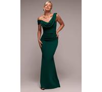Goddiva Women's Asymmetric Chiffon Cowl Neck Scuba Maxi Dress in Bottle Green | Size: 14 Goddiva Bottle Green 14