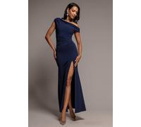 Goddiva Women's Asymmetric One Shoulder Front Split Scuba Crepe Maxi Dress in Navy | Size: 8 Goddiva Navy 8