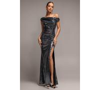 Goddiva Women's Asymmetric One Shoulder Front Split Sequin Maxi Dress in Black | Size: 12