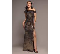 Goddiva Women's Asymmetric One Shoulder Front Split Sequin Maxi Dress in Gold | Size: 6