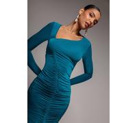 Goddiva Women's Asymmetrical Neck Ruched Midi Dress in Teal | Size: 10