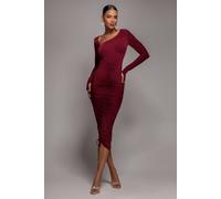 Goddiva Women's Asymmetrical Neck Ruched Midi Dress in Wine | Size: 10