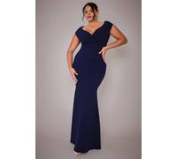Goddiva Women's Bardot Pleated Maxi Dress in Navy | Size: 20