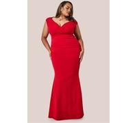 Goddiva Women's Bardot Pleated Maxi Dress in Red | Size: 26 Goddiva Red 26