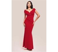Goddiva Women's Bardot Pleated Maxi Dress in Red | Size: 8 Goddiva Red 8