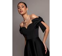 Goddiva Women's Bardot Plunge Neck Bow Sleeve A Line Midi Dress in Black | Size: 10 Goddiva Black 10
