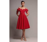 Goddiva Women's Bardot Plunge Neck Bow Sleeve A Line Midi Dress in Red | Size: 10