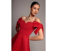 Goddiva Women's Bardot Plunge Neck Bow Sleeve Skater Mini Dress in Red | Size: 16