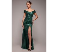 Goddiva Women's Bardot Sequin Pleated Maxi Dress in Emerald | Size: 10 Goddiva Emerald 10