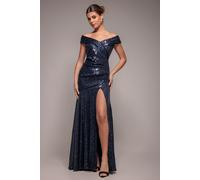 Goddiva Women's Bardot Sequin Pleated Maxi Dress in Navy | Size: 12 Goddiva Navy 12