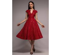 Goddiva Women's Bead Embellished Jacquard A Line Midi Dress in Red | Size: 8