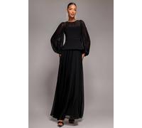 Goddiva Women's Bishop Sleeve Peplum Top Scuba Crepe & Chiffon Maxi Dress in Black | Size: 10 Goddiva Black 10