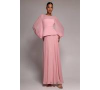 Goddiva Women's Bishop Sleeve Peplum Top Scuba Crepe & Chiffon Maxi Dress in Light Pink | Size: 12 Goddiva Light Pink 12