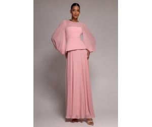 Goddiva Women's Bishop Sleeve Peplum Top Scuba Crepe & Chiffon Maxi Dress in Light Pink | Size: 8 Goddiva Light Pink 8