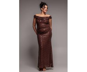 Goddiva Women's Cap Sleeve Iridescent Sequin Cowl Maxi Dress in Brown | Size: 26