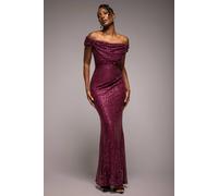 Goddiva Women's Cap Sleeve Iridescent Sequin Cowl Maxi Dress in Burgundy | Size: 16 Goddiva Burgundy 16