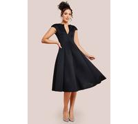 Goddiva Women's Cap Sleeve Plunging V Neckline A-line Midi Dress in Black | Size: 14