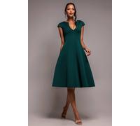 Goddiva Women's Cap Sleeve Plunging V Neckline A-line Midi Dress in Emerald | Size: 10