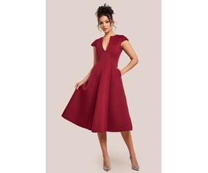Goddiva Women's Cap Sleeve Plunging V Neckline A-line Midi Dress in Wine | Size: 14 Goddiva Wine 14