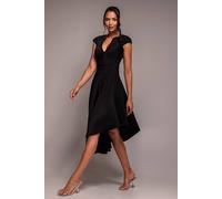 Goddiva Women's Cap Sleeve Textured Skater Asymmetric Midi Dress in Black | Size: 8