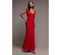 Goddiva Women's Capped Sleeve V Neck Pleated Fit & Flare Maxi Dress in Red | Size: 8