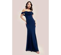 Goddiva Women's Chiffon Bardot Cowl Neck Maxi Dress in Navy | Size: 10 Goddiva Navy 10