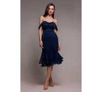 Goddiva Women's Chiffon Cowl Off-Shoulder Wing Tiered Midi Dress in Navy | Size: 10