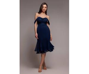 Goddiva Women's Chiffon Cowl Off-Shoulder Wing Tiered Midi Dress in Navy | Size: 16 Goddiva Navy 16