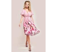 Goddiva Women's Chiffon Floral Border Print Midi Dress in Light Beige | Size: 14