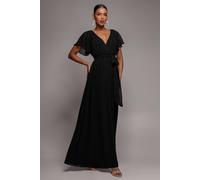 Goddiva Women's Chiffon Flutter Sleeve Wrap Maxi Dress in Black | Size: 14