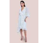 Goddiva Women's Chiffon Geo Wave Front Frill Wrap Midi Dress in Cream | Size: 18