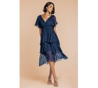 Goddiva Women's Chiffon Layered Flutter Sleeve Midi Dress in Navy | Size: 10