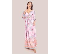 Goddiva Women's Chiffon Wrap Border Floral Print Maxi Dress in Pink | Size: 12 Goddiva Pink 12
