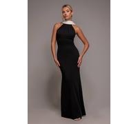 Goddiva Women's Contrast Crepe Halterneck Maxi Dress With Sash in Black | Size: 14