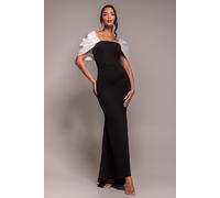Goddiva Women's Contrast Off-Shoulder Back Satin Bow Scuba Maxi Dress in Black | Size: 8 Goddiva Black 8